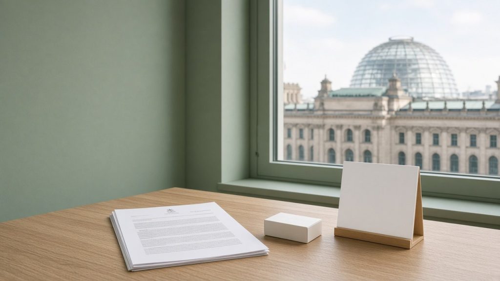 Bureau en chêne avec texte de loi et vue sur la coupole du Reichstag