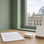 Bureau en chêne avec texte de loi et vue sur la coupole du Reichstag