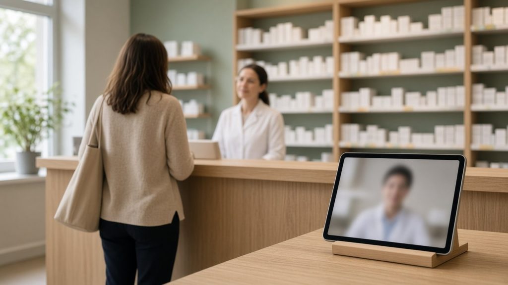 Comptoir d’une pharmacie allemande en bois clair avec une patiente vue de dos qui attend, et au premier plan une tablette de téléconsultation à l’écran flou, dans une lumière chaude aux tons vert sauge