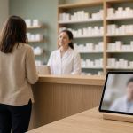 Comptoir d’une pharmacie allemande en bois clair avec une patiente vue de dos qui attend, et au premier plan une tablette de téléconsultation à l’écran flou, dans une lumière chaude aux tons vert sauge