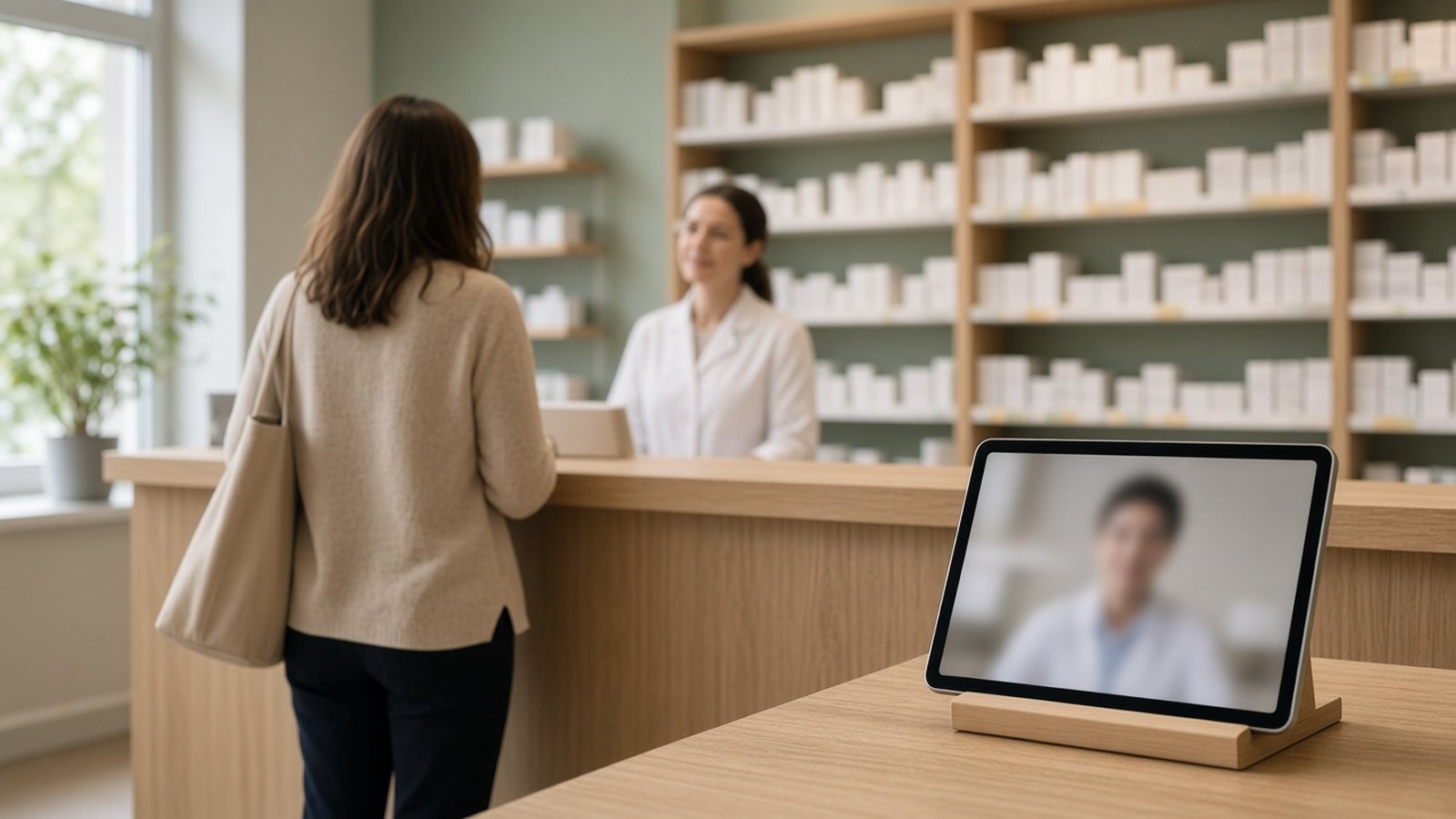 Comptoir d’une pharmacie allemande en bois clair avec une patiente vue de dos qui attend, et au premier plan une tablette de téléconsultation à l’écran flou, dans une lumière chaude aux tons vert sauge