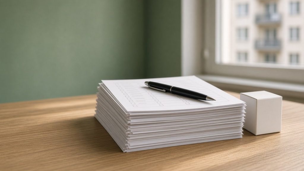 Pile de questionnaires remplis sur un bureau devant une fenêtre à Berlin
