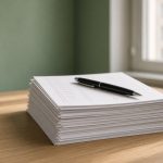 Pile de questionnaires remplis sur un bureau devant une fenêtre à Berlin