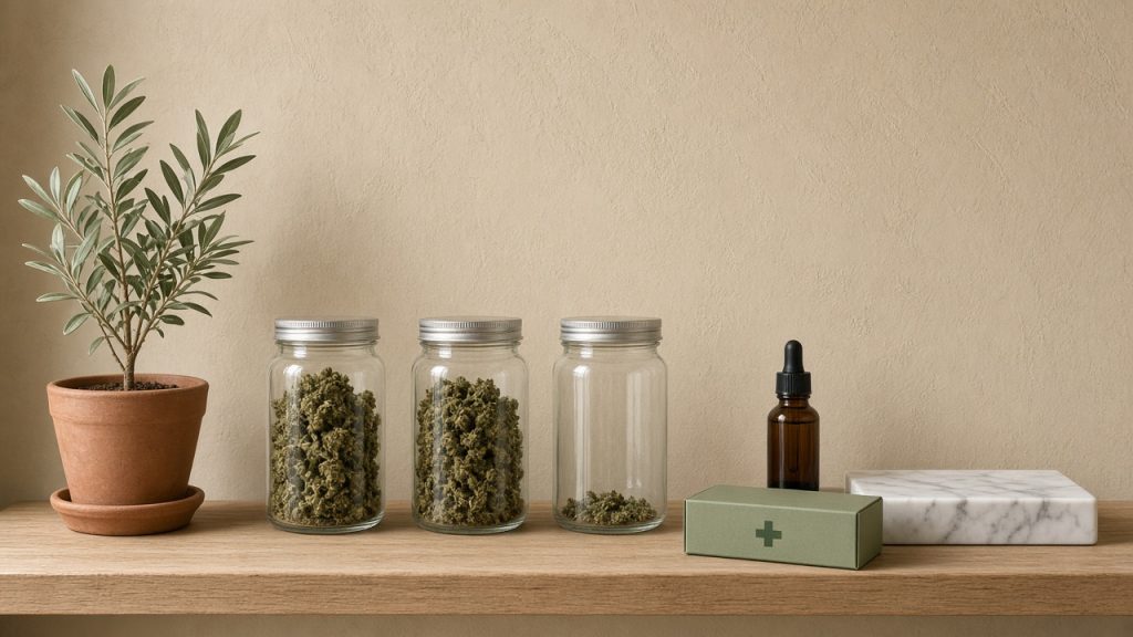 Faillite de Bedrocan aux Pays-Bas : bocaux de fleurs de cannabis médical sur étagère en bois clair, l’un presque vide, flacon ambré et boîte à croix verte
