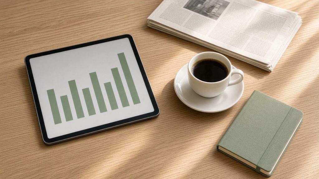 Tablette avec graphique en barres, journal et café sur une table en chêne