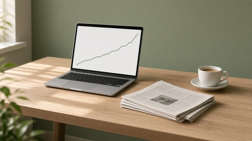 Ordinateur portable affichant une courbe, journal et café sur un bureau