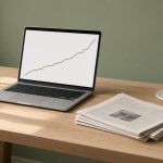 Ordinateur portable affichant une courbe, journal et café sur un bureau