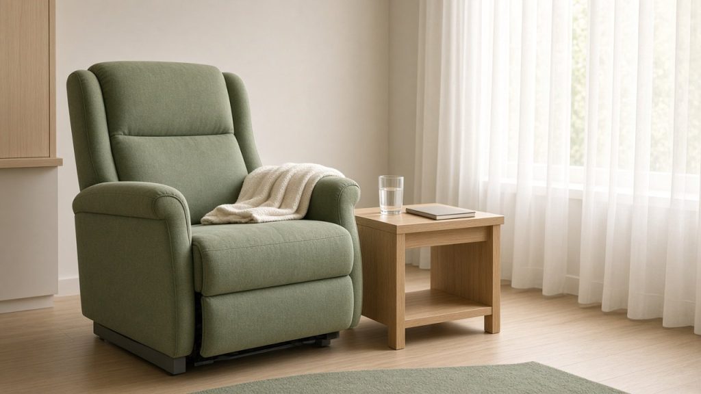 Fauteuil de soins vert sauge dans une chambre d'hôpital de jour lumineuse