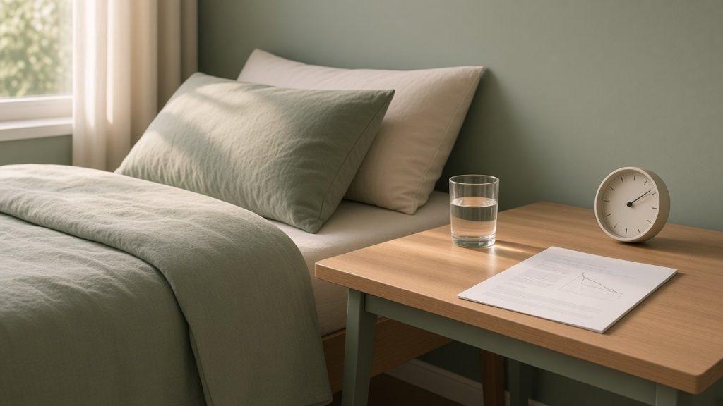 Table de chevet en chêne clair avec réveil et étude imprimée sur le sommeil