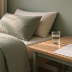 Table de chevet en chêne clair avec réveil et étude imprimée sur le sommeil