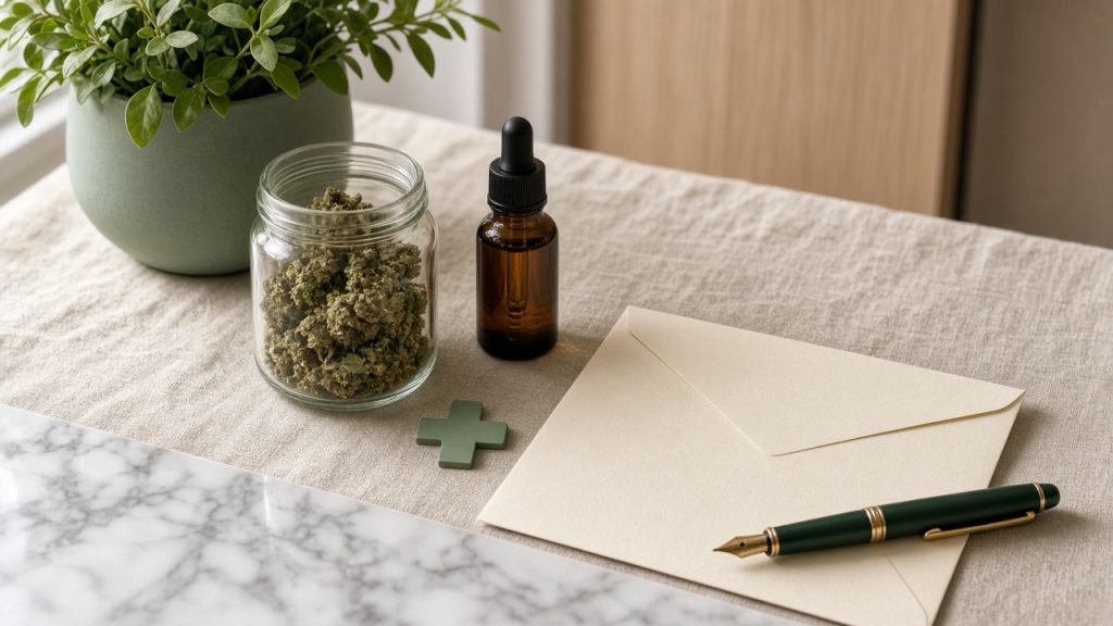 Cannabis médical et décrets : bocal de fleurs, flacon ambré compte-gouttes, croix verte et enveloppe sur lin beige