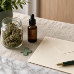 Cannabis médical et décrets : bocal de fleurs, flacon ambré compte-gouttes, croix verte et enveloppe sur lin beige