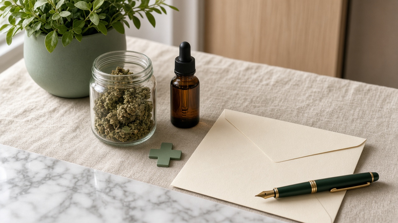 Cannabis médical et décrets : bocal de fleurs, flacon ambré compte-gouttes, croix verte et enveloppe sur lin beige