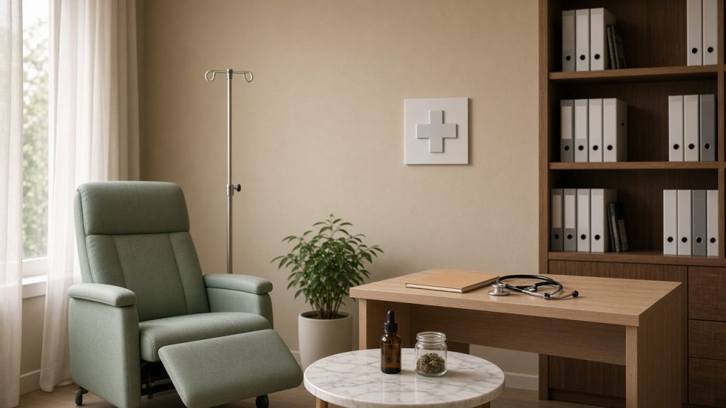 Salle de consultation de soins de support en oncologie, fauteuil de perfusion, dossier médical, flacon compte-gouttes ambré et plante verte