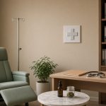 Salle de consultation de soins de support en oncologie, fauteuil de perfusion, dossier médical, flacon compte-gouttes ambré et plante verte
