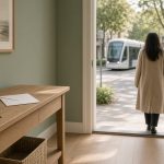Entrée d’appartement aux murs vert sauge, clés de voiture laissées sur une console en bois clair, et une patiente vue de dos qui sort à pied vers un arrêt de tramway visible dans la rue, en lumière chaude