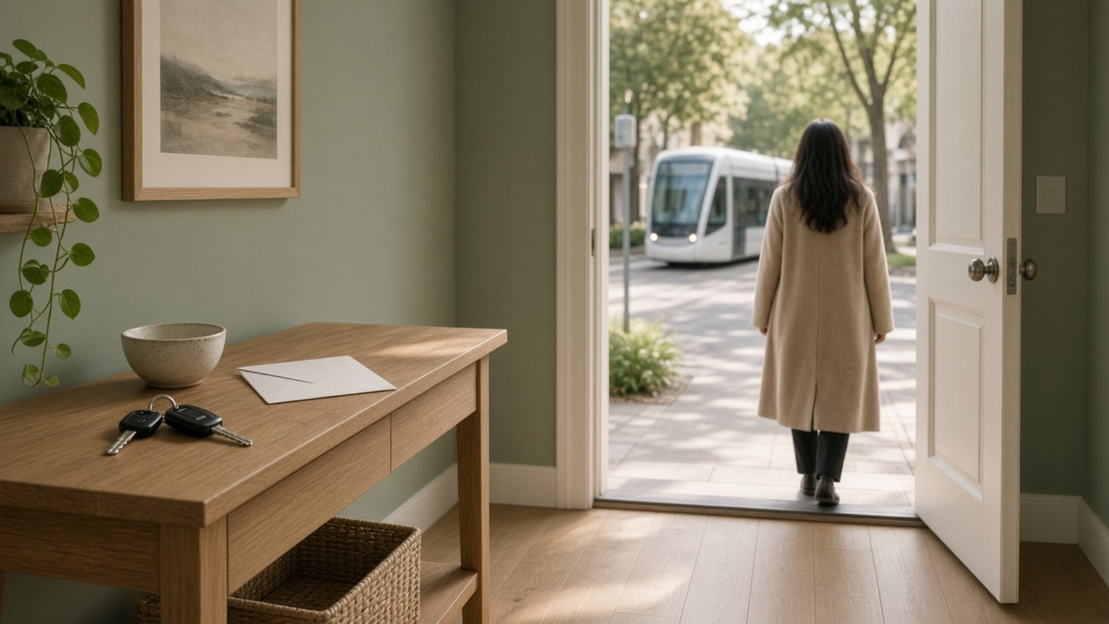 Entrée d’appartement aux murs vert sauge, clés de voiture laissées sur une console en bois clair, et une patiente vue de dos qui sort à pied vers un arrêt de tramway visible dans la rue, en lumière chaude