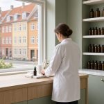 Pharmacienne vue de dos préparant une ordonnance derrière un comptoir en bois clair dans une pharmacie danoise lumineuse, flacons sans étiquette lisible et façades de Copenhague visibles par la vitrine