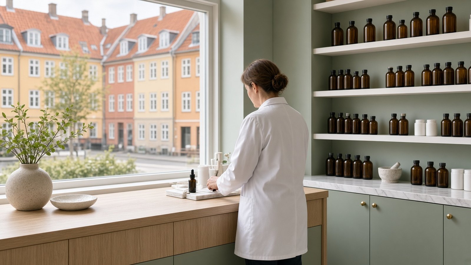 Pharmacienne vue de dos préparant une ordonnance derrière un comptoir en bois clair dans une pharmacie danoise lumineuse, flacons sans étiquette lisible et façades de Copenhague visibles par la vitrine