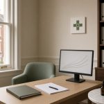 Salle de consultation d’un centre de la douleur avec dossiers de suivi, questionnaires de douleur, flacon compte-gouttes ambré, petit bocal de fleurs séchées et plante verte
