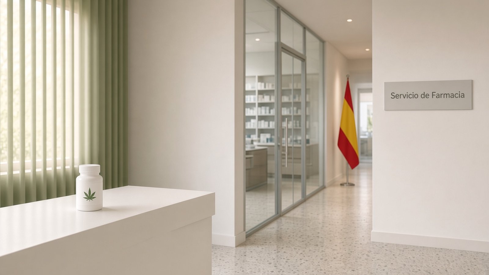 Couloir d’un hôpital espagnol menant au service de pharmacie, panneau « Servicio de Farmacia », drapeau espagnol discret au fond et flacon blanc marqué d’une feuille de cannabis au premier plan