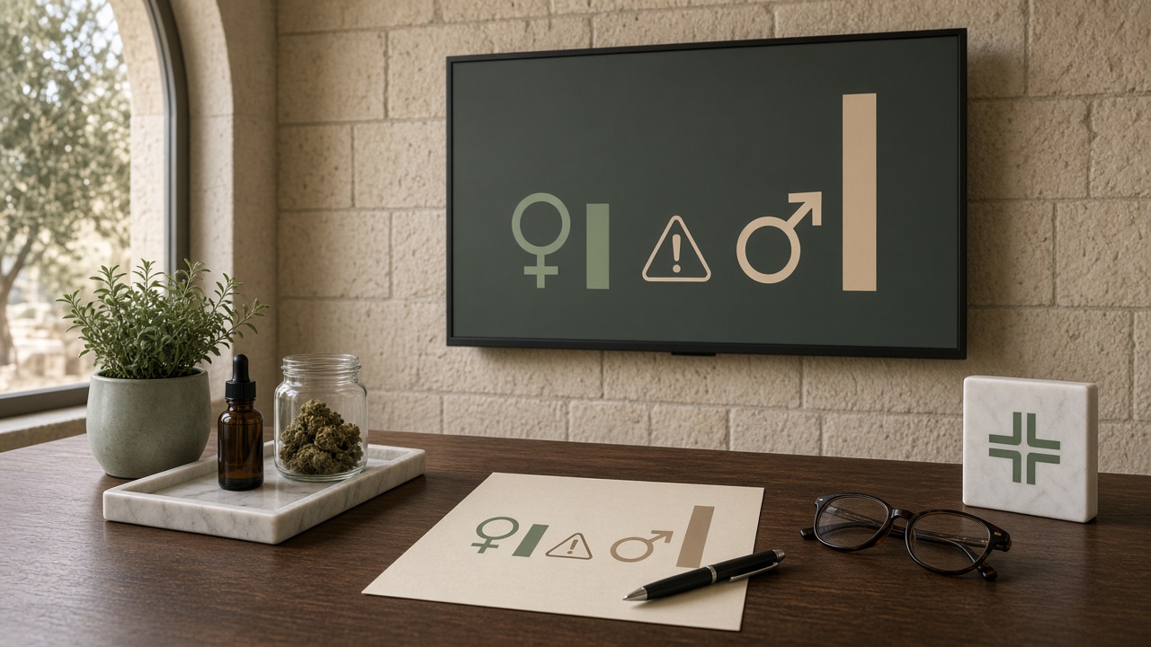 Écran affichant un graphique comparant les doses de cannabis médical chez les femmes et les hommes, avec symboles féminin et masculin et signal d’alerte