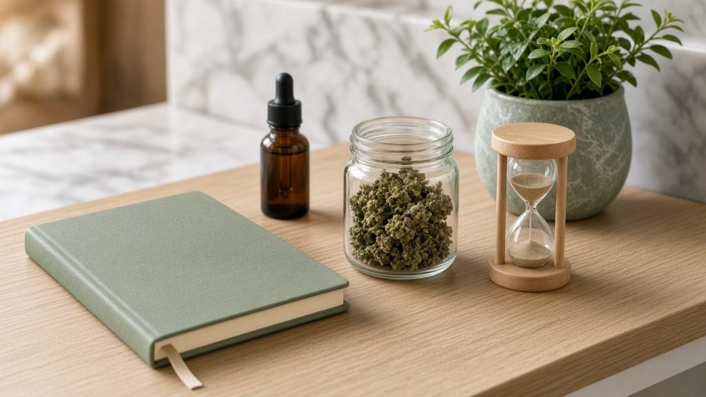 Cannabis médical France 2026-2027 : agenda vert sauge fermé, sablier, flacon compte-gouttes ambré et bocal de fleurs sur table en chêne clair