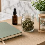 Cannabis médical France 2026-2027 : agenda vert sauge fermé, sablier, flacon compte-gouttes ambré et bocal de fleurs sur table en chêne clair