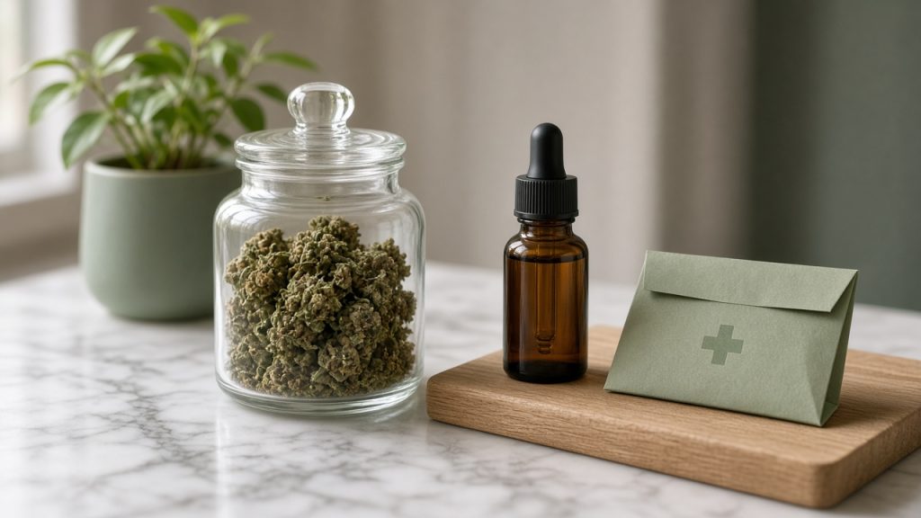 Nature morte sur marbre blanc : bocal de fleurs de cannabis médical, flacon compte-gouttes ambré, pochette vert sauge à croix verte et plante verte, accès au cannabis médical en France en 2026