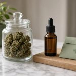 Nature morte sur marbre blanc : bocal de fleurs de cannabis médical, flacon compte-gouttes ambré, pochette vert sauge à croix verte et plante verte, accès au cannabis médical en France en 2026