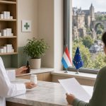 Pharmacienne hospitalière remettant un flacon d’huile et un pot de traitement à une patiente munie d’une ordonnance, devant une fenêtre donnant sur la vieille ville de Luxembourg, drapeaux luxembourgeois et européen