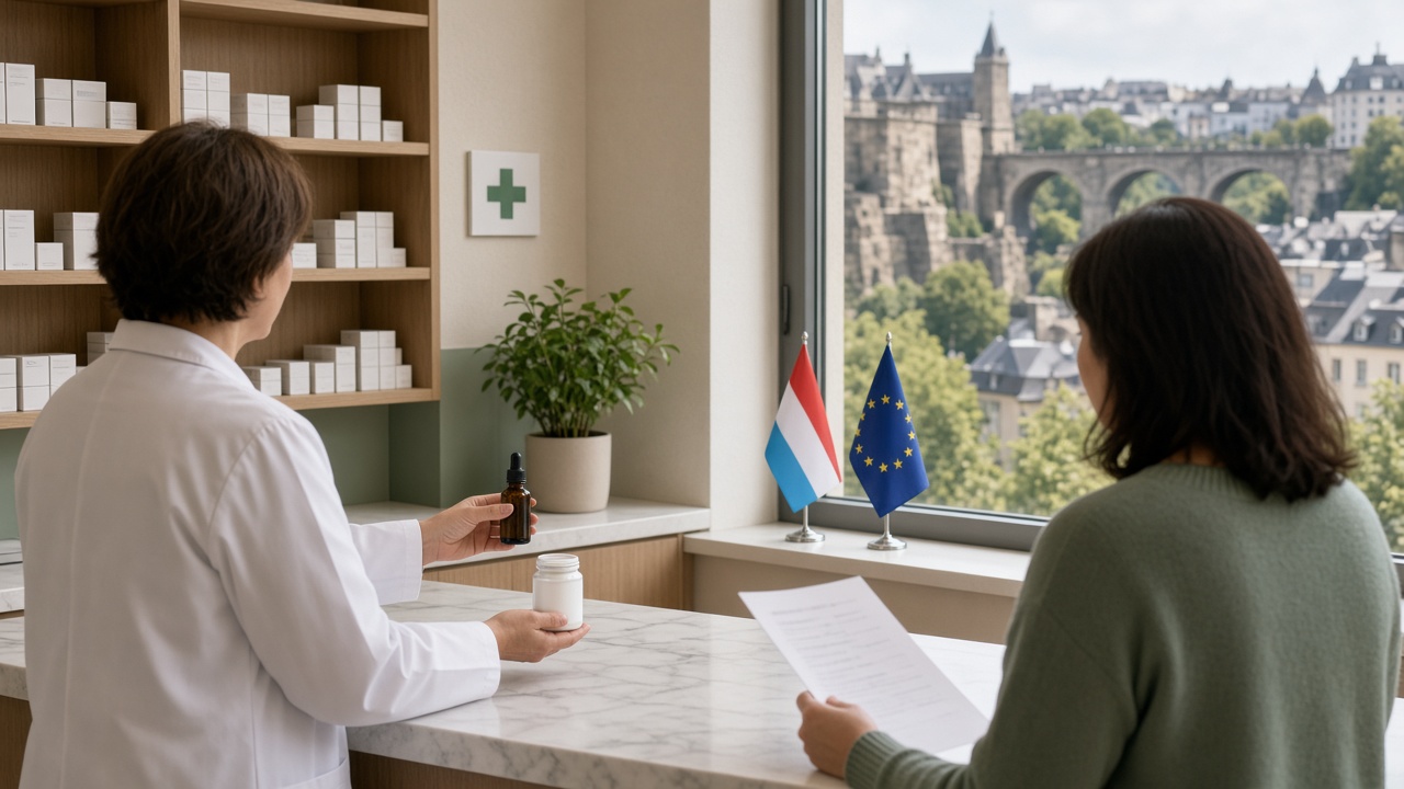 Pharmacienne hospitalière remettant un flacon d’huile et un pot de traitement à une patiente munie d’une ordonnance, devant une fenêtre donnant sur la vieille ville de Luxembourg, drapeaux luxembourgeois et européen