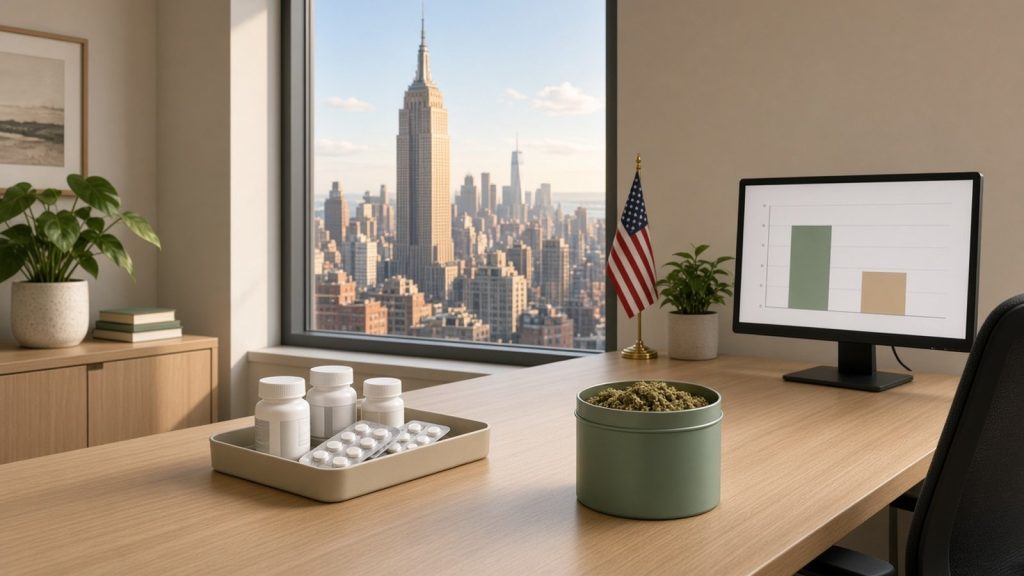 Bureau lumineux d’un cabinet de traitement de la douleur à New York, vue sur l’Empire State Building, petit drapeau américain, flacons et plaquettes d’opioïdes mis de côté dans un plateau, boîte de cannabis médical vert sauge et écran affichant un graphique à deux barres