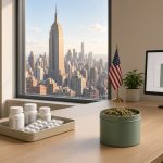 Bureau lumineux d’un cabinet de traitement de la douleur à New York, vue sur l’Empire State Building, petit drapeau américain, flacons et plaquettes d’opioïdes mis de côté dans un plateau, boîte de cannabis médical vert sauge et écran affichant un graphique à deux barres
