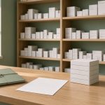 Comptoir en bois clair d’une pharmacie hospitalière aux murs vert sauge : un dossier vert fermé, une ordonnance et une pile de boîtes de médicaments blanches, avec une plante de cannabis en pot, des étagères en bois et une lumière naturelle chaude