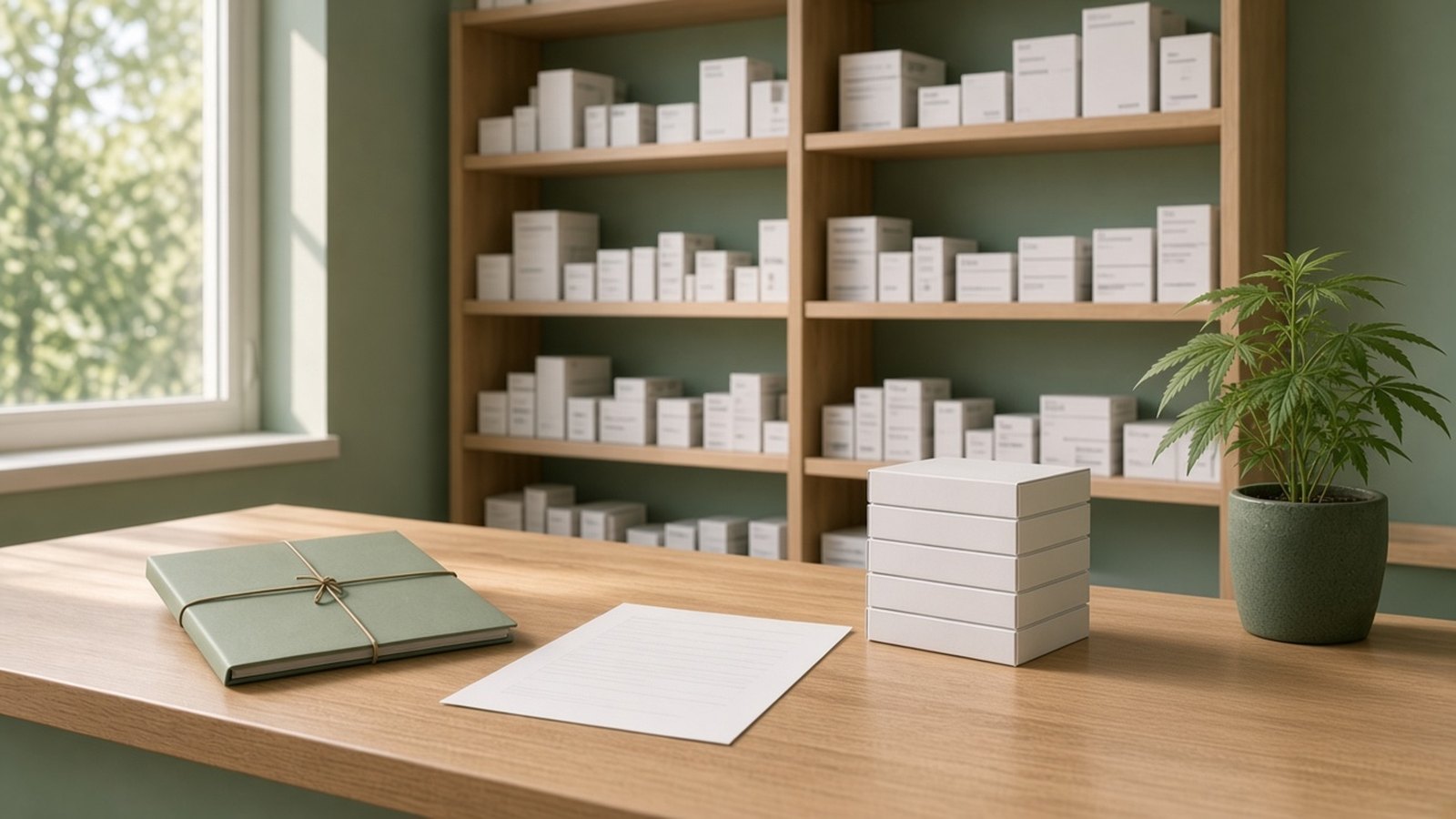 Comptoir en bois clair d’une pharmacie hospitalière aux murs vert sauge : un dossier vert fermé, une ordonnance et une pile de boîtes de médicaments blanches, avec une plante de cannabis en pot, des étagères en bois et une lumière naturelle chaude
