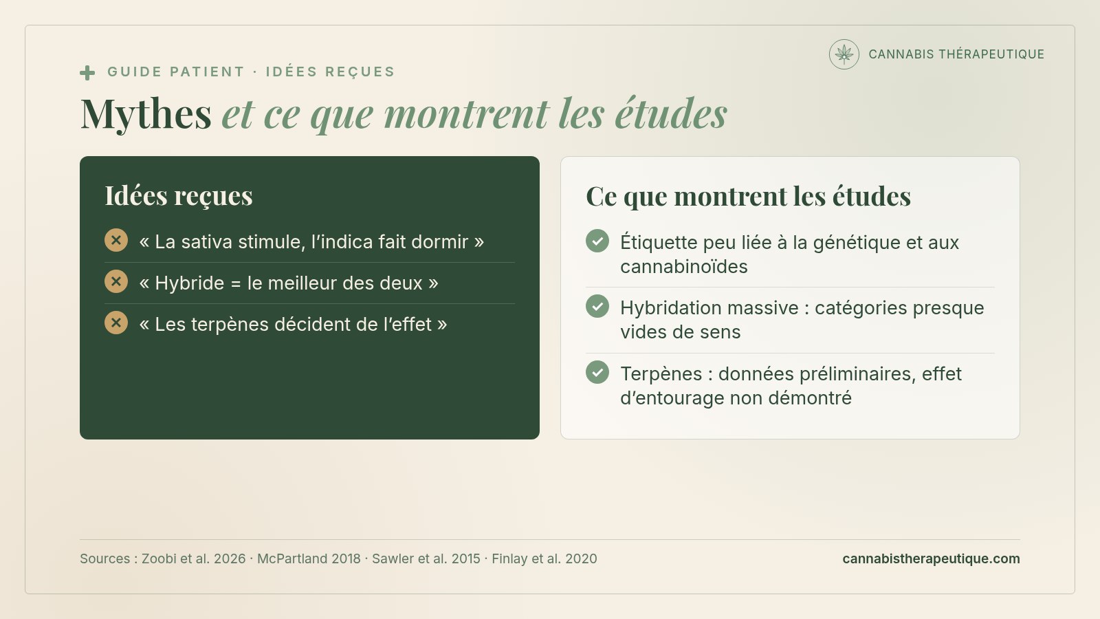 Carte de synthèse : idées reçues sur l’indica, la sativa, l’hybride et les terpènes comparées aux résultats des études génétiques et cliniques