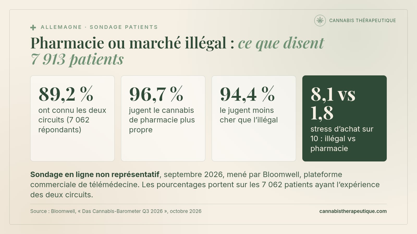 Carte de synthèse : sondage Bloomwell de septembre 2026 auprès de 7 913 patients allemands, 96,7 % jugent le cannabis de pharmacie plus propre, 94,4 % moins cher, stress d’achat 8,1 sur 10 au marché illégal contre 1,8 en pharmacie, sondage non représentatif
