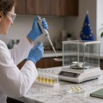 Scientifique en laboratoire mesurant une goutte d’huile de CBD sur une balance de précision, avec flacons d’huile, capsules et drapeau européen