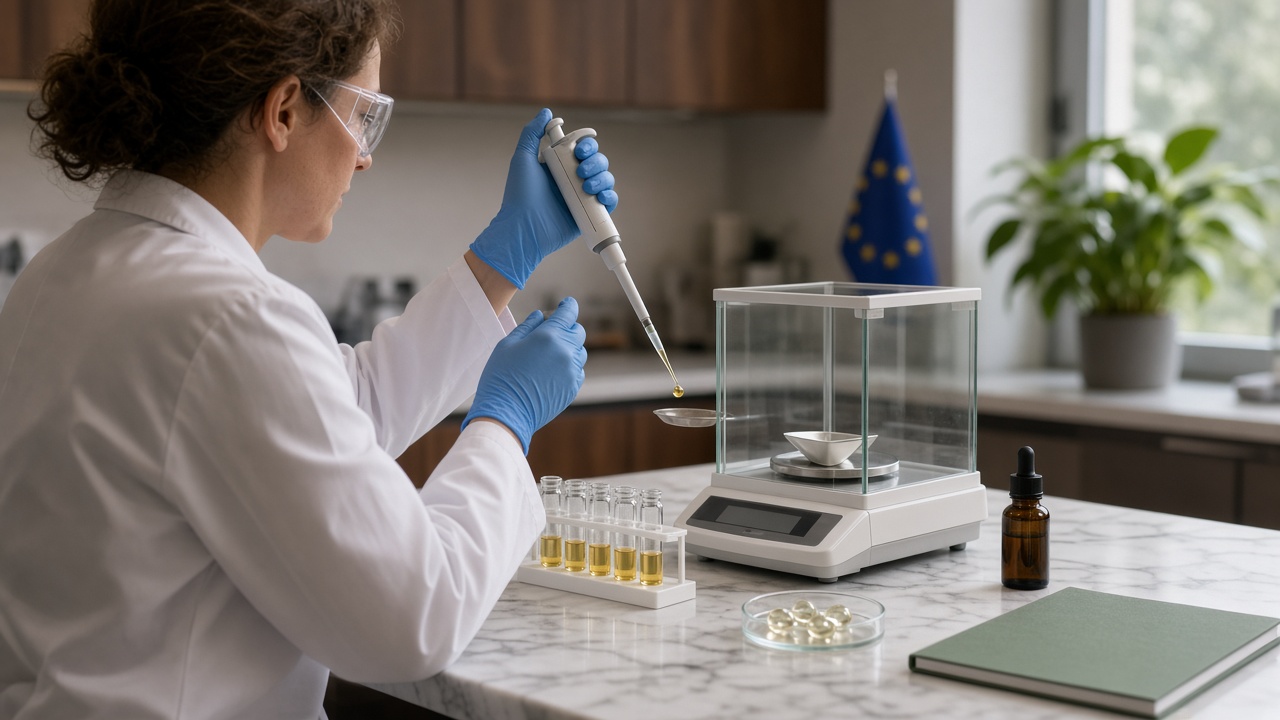 Scientifique en laboratoire mesurant une goutte d’huile de CBD sur une balance de précision, avec flacons d’huile, capsules et drapeau européen
