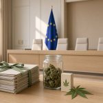 Salle d’audience claire de la Cour de justice de l’Union européenne avec le drapeau européen derrière le banc des juges, et au premier plan des dossiers juridiques noués d’un ruban vert sauge, un bocal de fleurs de chanvre, une boîte de CBD et une feuille de chanvre