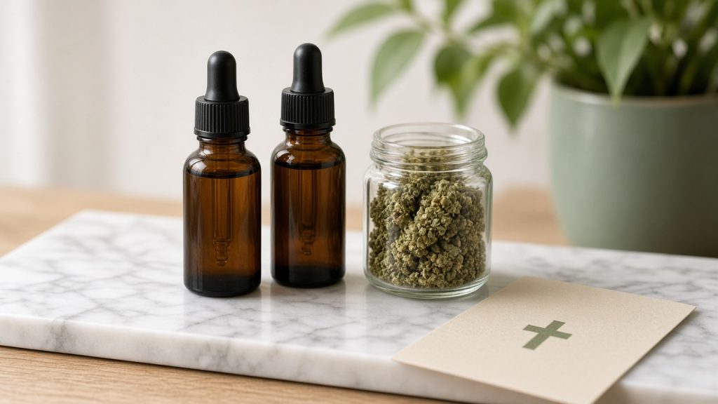 CBD légal en France et cannabis médical : deux flacons compte-gouttes ambrés, bocal de fleurs et carte beige à croix verte sur marbre blanc