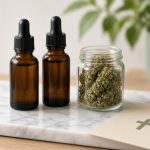 CBD légal en France et cannabis médical : deux flacons compte-gouttes ambrés, bocal de fleurs et carte beige à croix verte sur marbre blanc