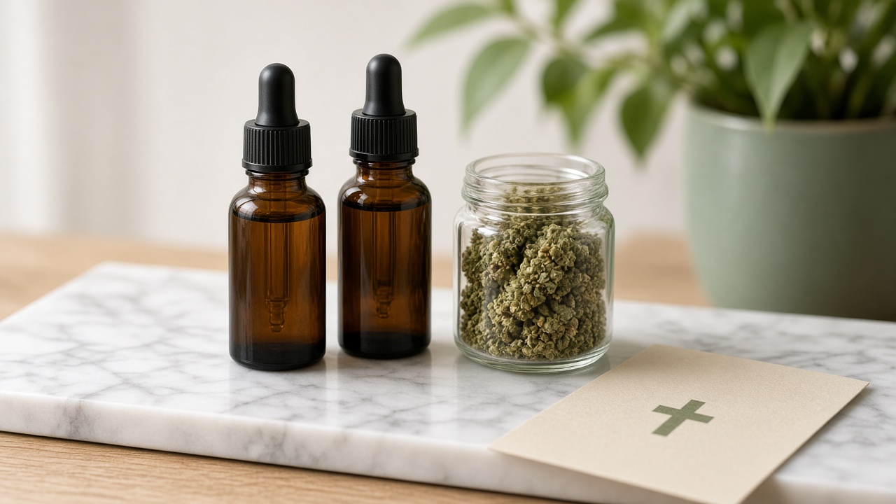 CBD légal en France et cannabis médical : deux flacons compte-gouttes ambrés, bocal de fleurs et carte beige à croix verte sur marbre blanc