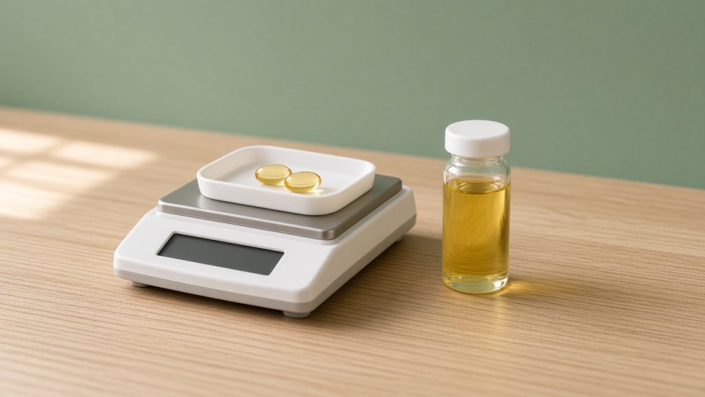 Balance de précision avec deux capsules et flacon d'huile de CBD