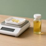 Balance de précision avec deux capsules et flacon d'huile de CBD