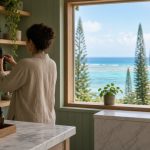 Commerçante vue de dos rangeant des flacons d’huile de CBD sans étiquette lisible dans une boutique claire de Nouméa, avec le lagon et des pins colonnaires visibles par la fenêtre