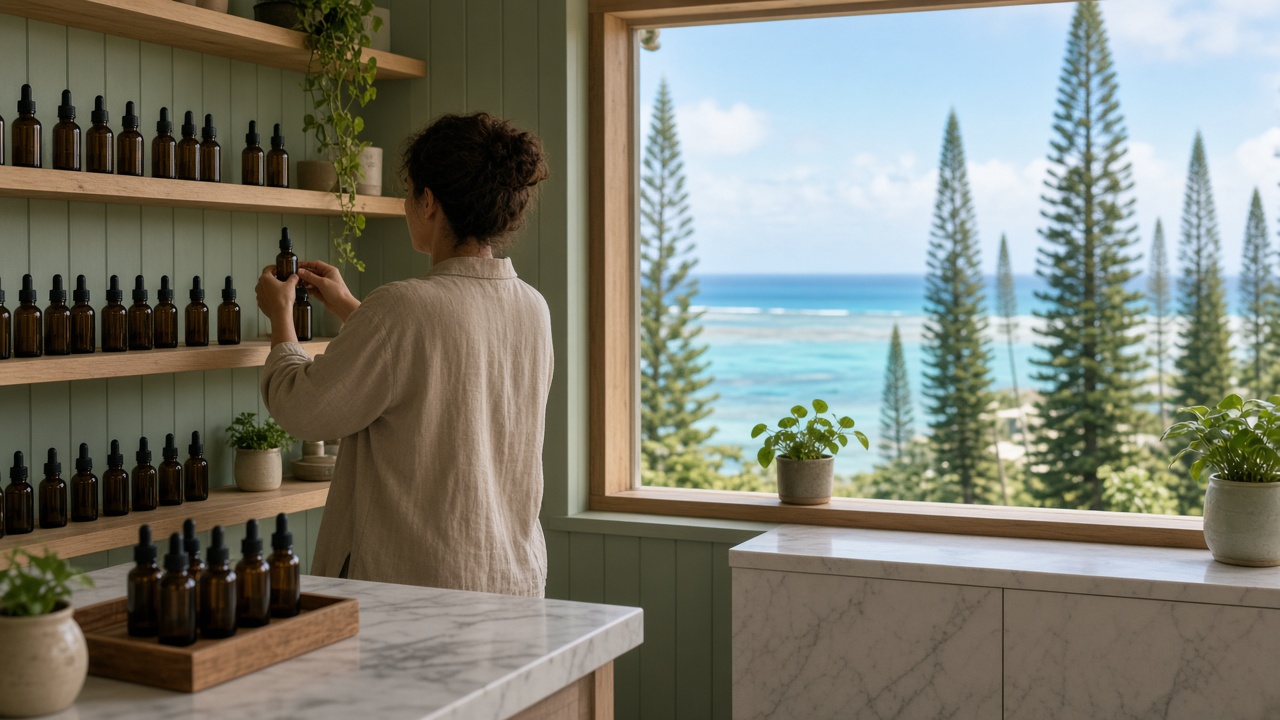 Commerçante vue de dos rangeant des flacons d’huile de CBD sans étiquette lisible dans une boutique claire de Nouméa, avec le lagon et des pins colonnaires visibles par la fenêtre