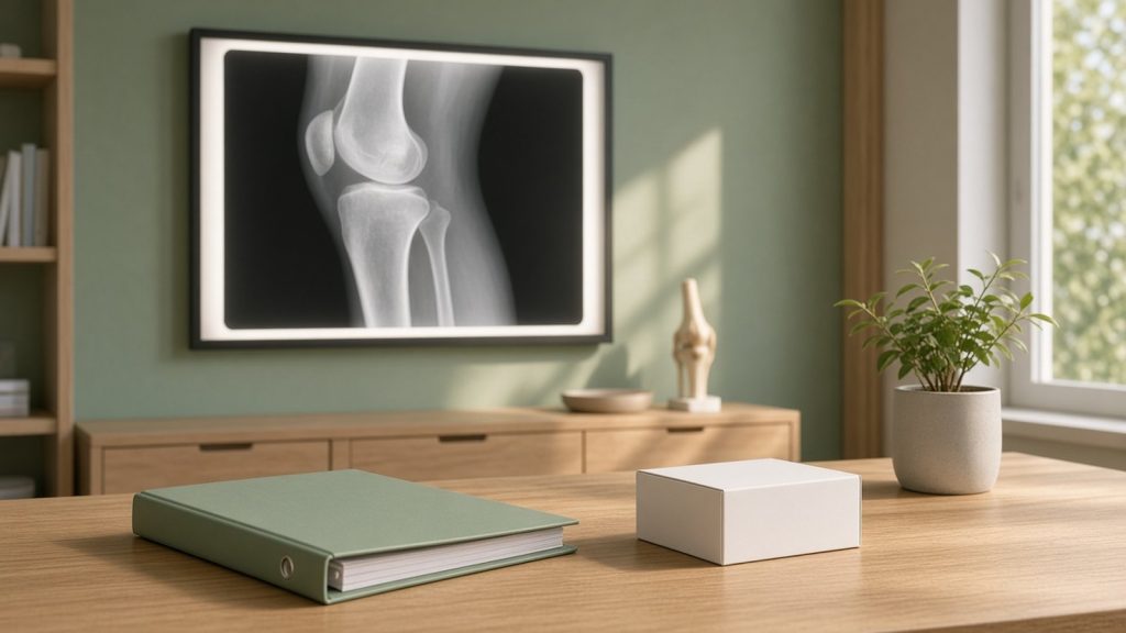 Radiographie d'un genou sur un écran lumineux dans un cabinet de rhumatologie aux murs vert sauge, avec un classeur d'essai clinique et une boîte de traitement neutre sur un bureau en bois clair