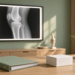 Radiographie d'un genou sur un écran lumineux dans un cabinet de rhumatologie aux murs vert sauge, avec un classeur d'essai clinique et une boîte de traitement neutre sur un bureau en bois clair